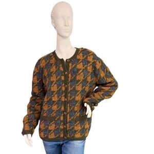 Vintage Peruvian Connection Merino Wool Cardigan Sweater Argyle Pattern Size L